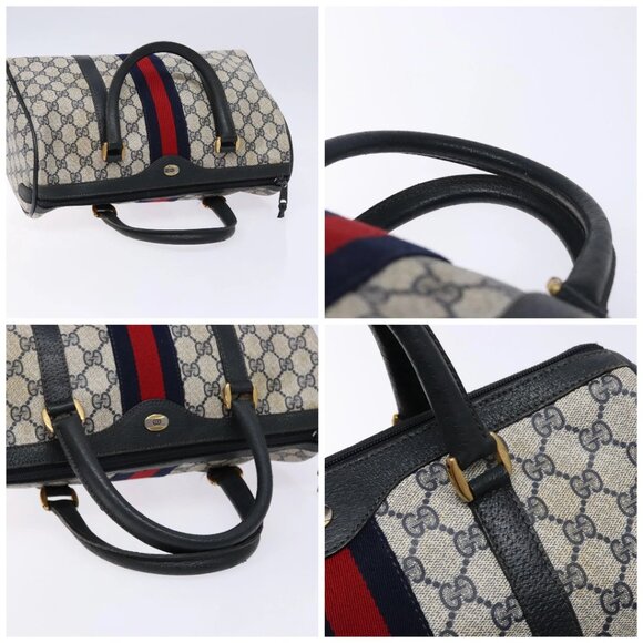 GUCCI GG Supreme Sherry Line Boston Bag PVC Navy Red gold Auth 138290 - Picture 16 of 16